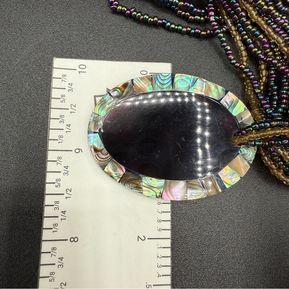 Multicolor Iridescent Seed Beaded Necklace with Large Abalone Shell Pendant - Picture 12 of 17